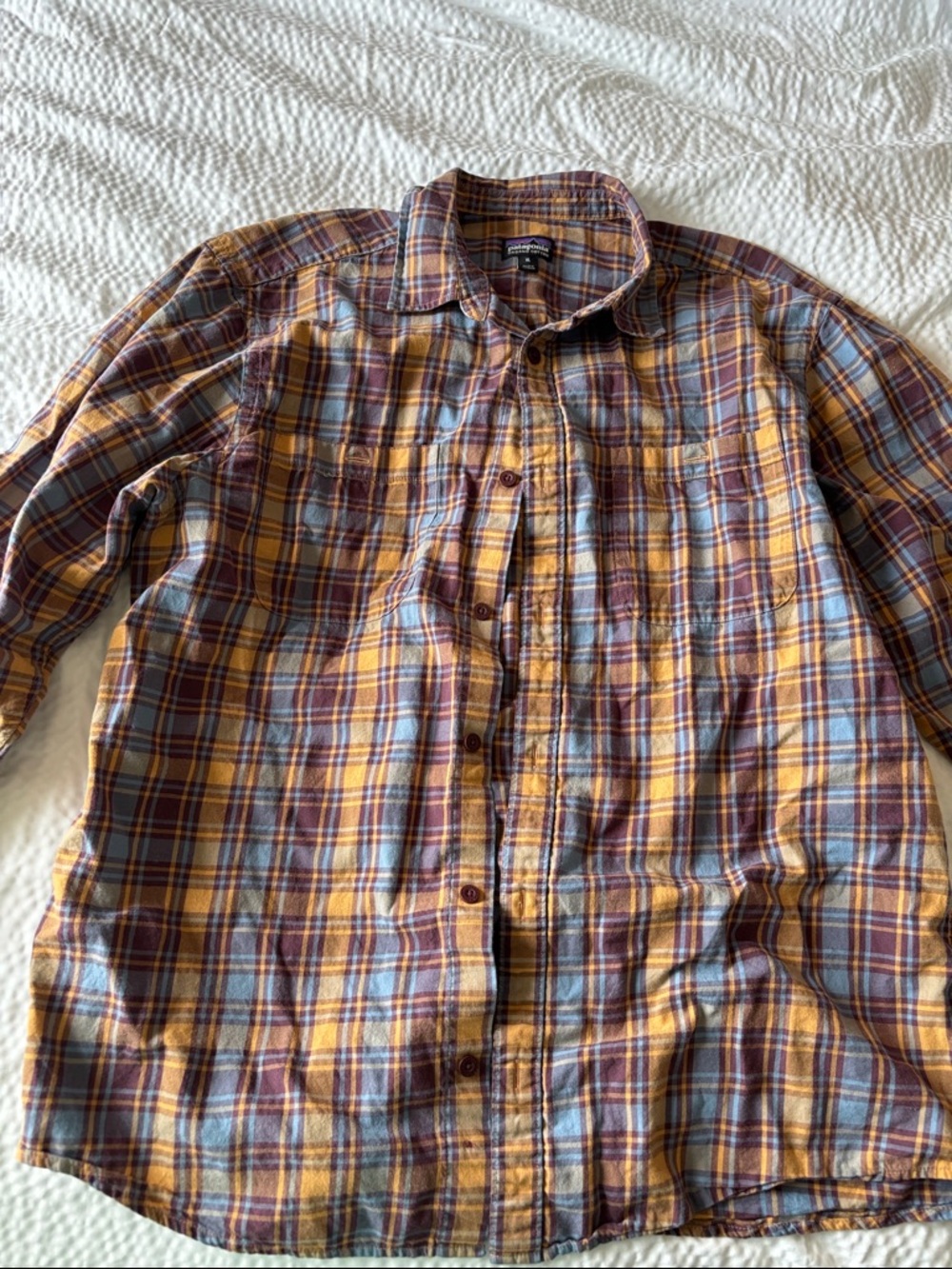 Patagonia Plaid Button-Down Shirt in Mustard, Light Blue and Brown